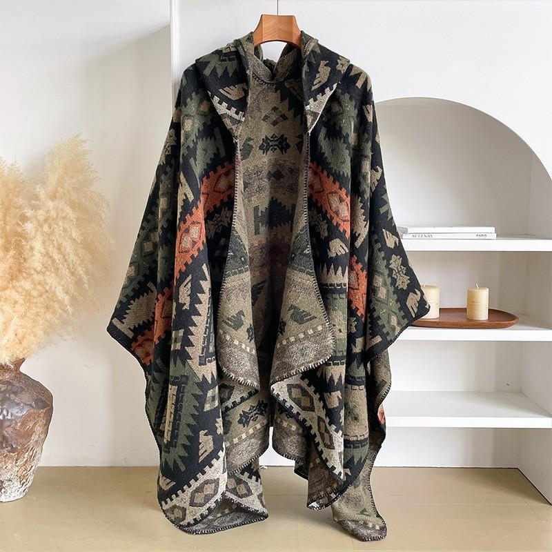 Ethnic Style Knit Shawl Faux Cashmere Cape Women Travel Outdoor Wear Warm Winter