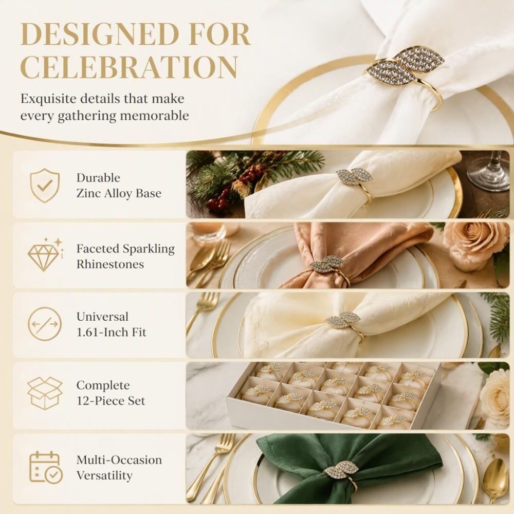 12 PCS Rhinestone Decoration Leaf Napkin Holders Gold Napkin Holder Napkin Ring Set Christmas Party