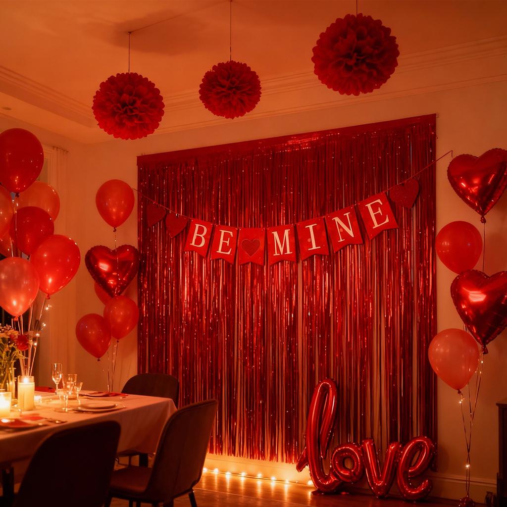 Украшения для вечеринки на тему Дня святого Валентина, Подвесные украшения в форме сердца, Баннеры, Оформление места проведения вечеринки, Воздушные шары, Бумажные цветы и Помпоны.