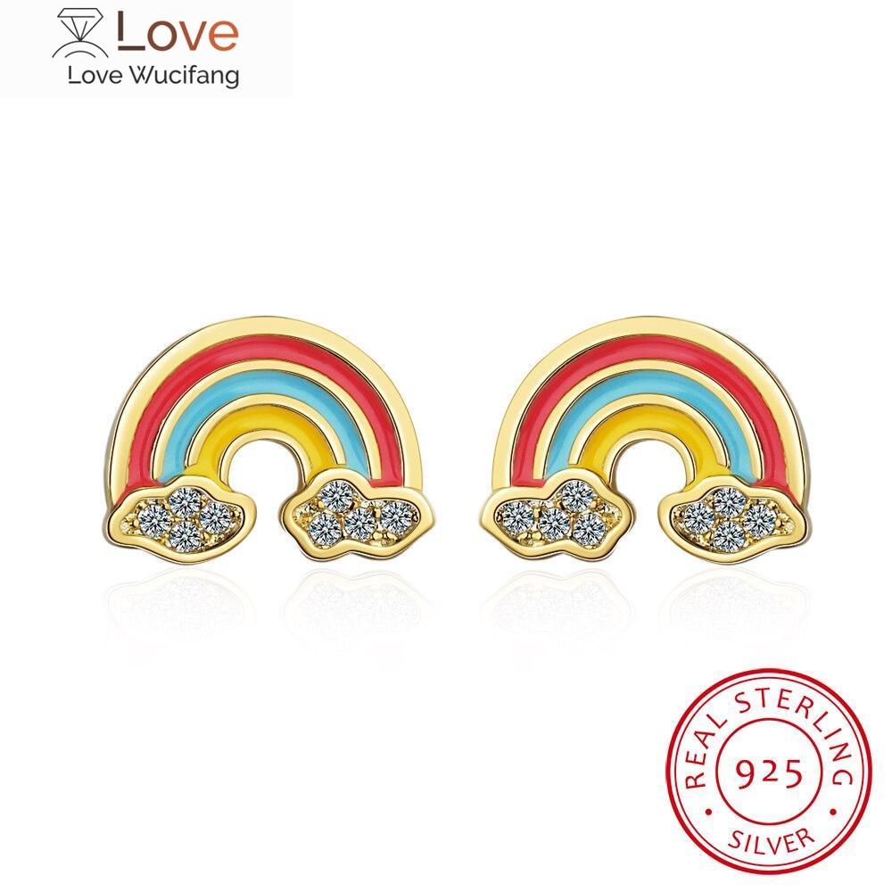 100 %925 Solid Real Sterling Silver 5mmx12mm Rainbow Cloud With Cz Stud Earring For Teen Girl Friend Kid Lady Xy1029