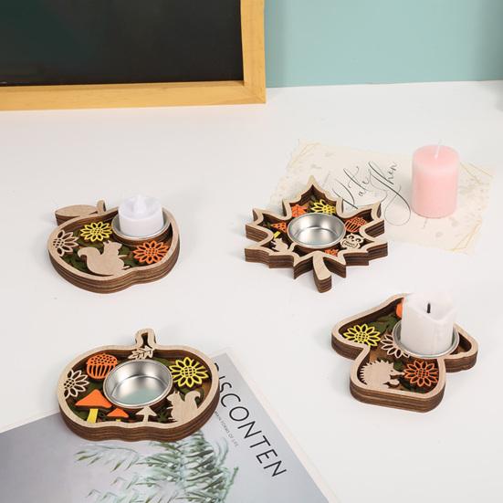 Wooden Candle Plate Holder Tray Tabletop Tealight Pillar Display Tray Wood Pumpkin Bat Ghost Maple Leaf Table Centerpiece for Halloween Thanksgiving