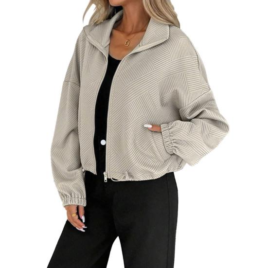 Women's Full Zip Short Jacket Casual Long Sleeve Stand Collar Crop Coat Drawstring Hem Fall Sweatshirt with Pockets