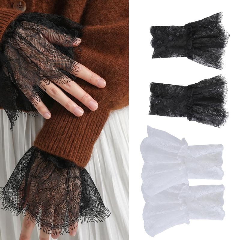 2Pairs Elegant Arm Sleeves With Lace Flower Elastic Wrist Cuffs Extension Faux Sleeves For Office Women Dress Enhancer