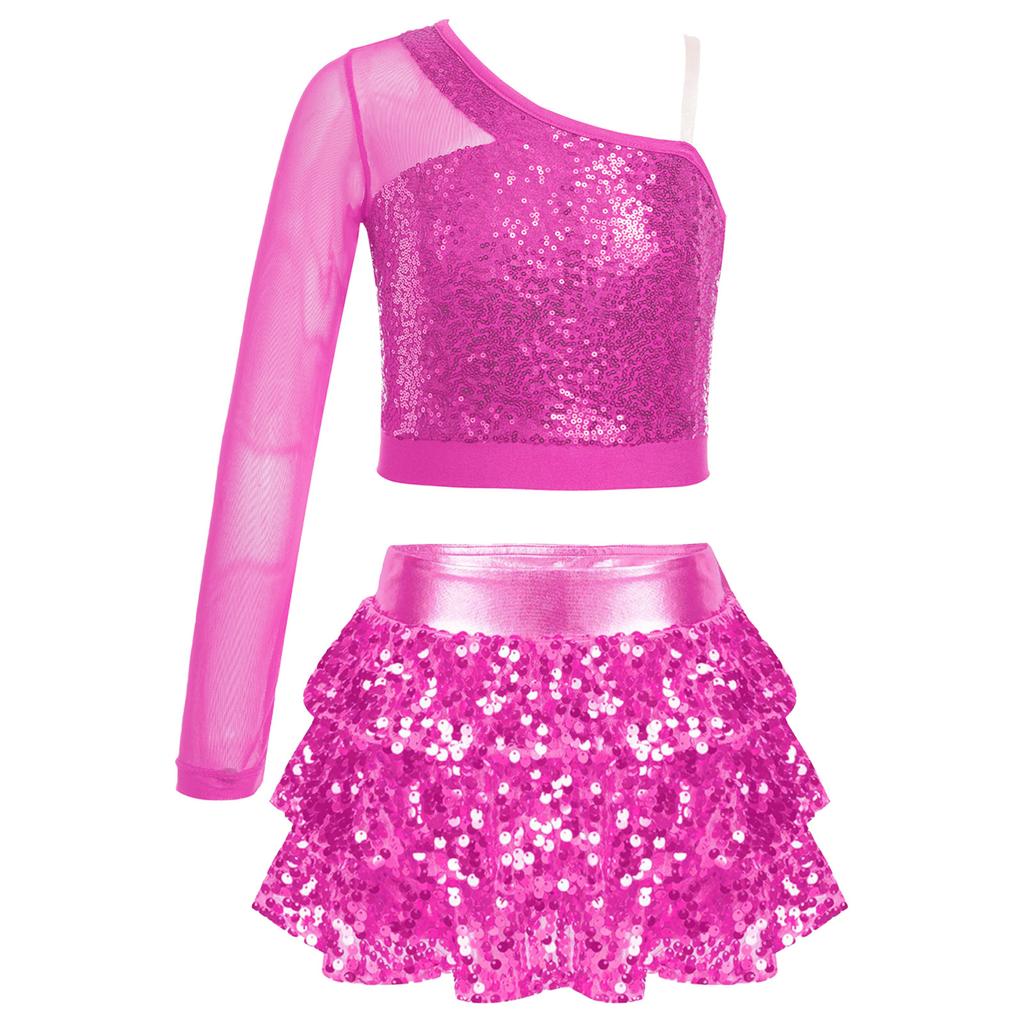 Kids Performance Costume Sequins Adorned One Shoulder Top with Wide Leg Shorts