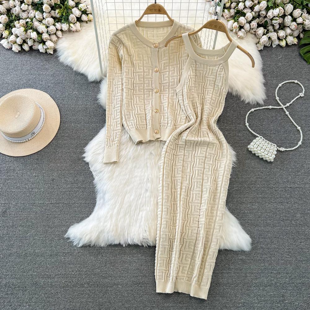 Весенне-осенний брендовый дизайнерский наряд для подиума, женский вязаный свитер, платье-футляр миди и однобортный пиджак, пальто, комплект из двух предметов