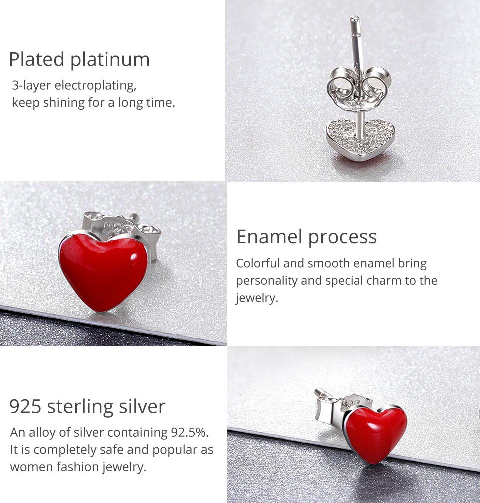 Серьги-гвоздики BAMOER из стерлингового серебра 925 пробы с красным сердцем, маленькие серьги в стиле романтической любви для женщин