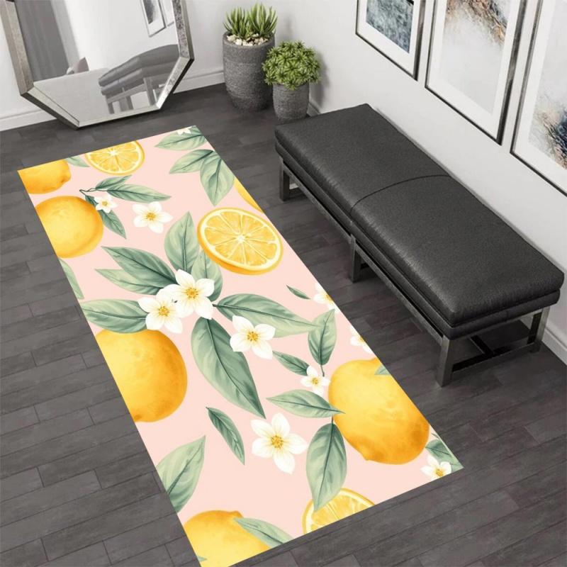 Cute Lemon Striped Runner Rug Blue Stripe Yellow Lemon Blossom Print Non Slip Long Floor Mat Fruit Style Home Carpet