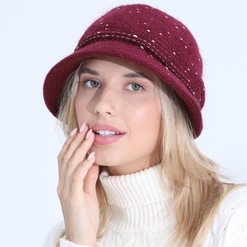 Knitted Hat Women Autumn Winter Mixed Color Fashionable Mom Rabbit Yarn Basin Hat with Thick Velvet Insulation Hats & Caps