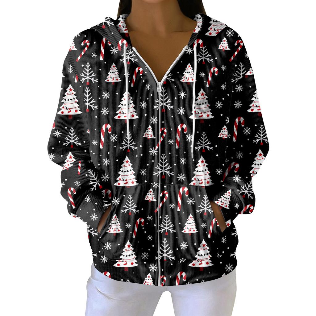 Женская повседневная модная вязаная толстовка с длинными рукавами и застежкой-молнией, с рождественским принтом