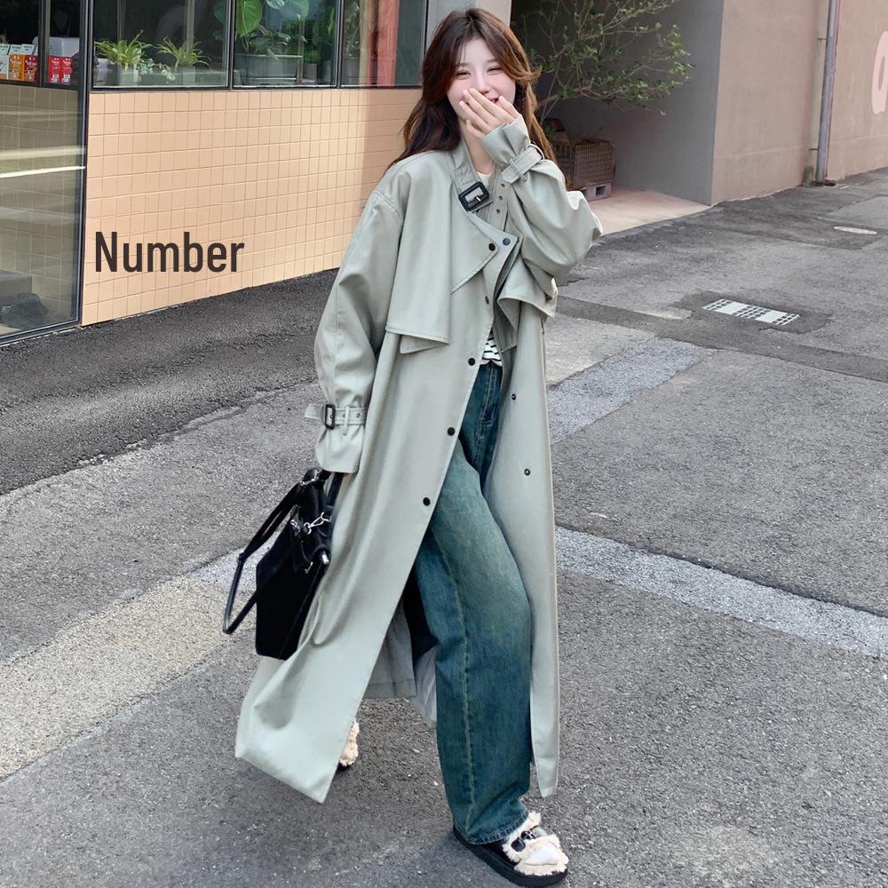 Women's Korean-Style Gray-Green Windbreaker Jacket, Autumn 2024 High-End Mid-Length Coat