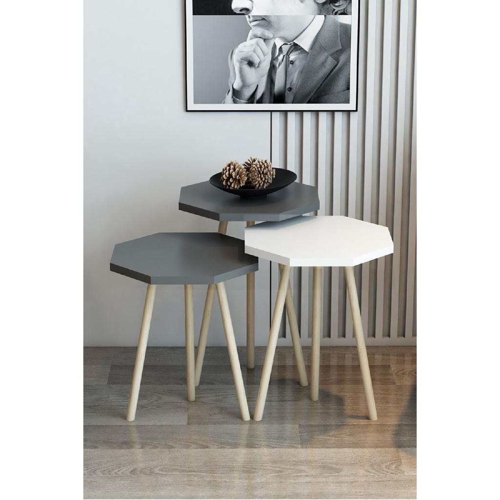 3-х предметный журнальный столик и набор журнальных столиков, восьмиугольный журнальный столик, набор журнальных столиков с деревянной ножкой и грабом