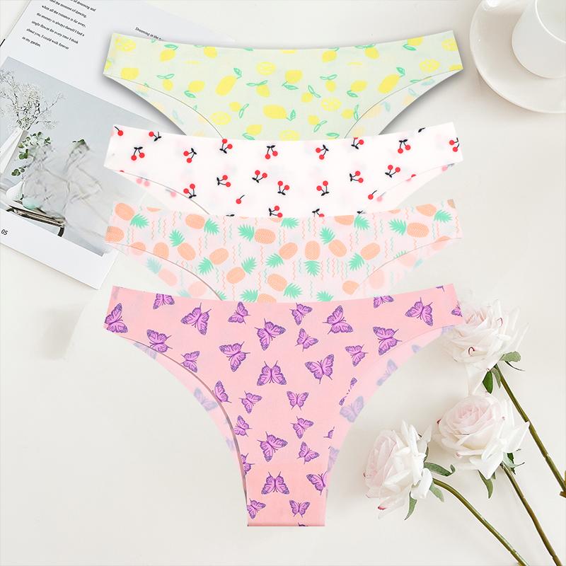 4Pcs/Set Seamless Colorful Brazilian Pants Lady Sexy Underwear Ice Silk Underpants Low Waist G-string Soft Thin Briefs