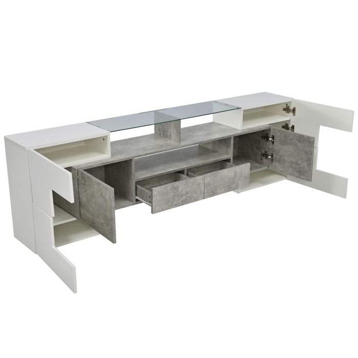Meuble TV moderne, Blanc et gris laqués, avec éclairage LED, 6 portes, 2 tiroirs, meuble de salon, 200 x 35 x 60 cm