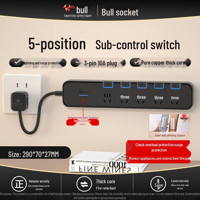 Bull Short Cable Power Strip: Multi-Outlet Kitchen Extension Socket with Individual Switch Control