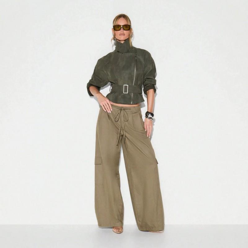 Womens Faux Suede Short Moto Jacket Belted Stand Collar Retro Workwear Zip Coat