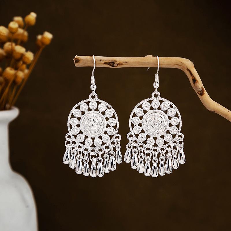 Bohemian Long Leaf Tassel Earrings - Imitation Silver, Miao Ethnic Style