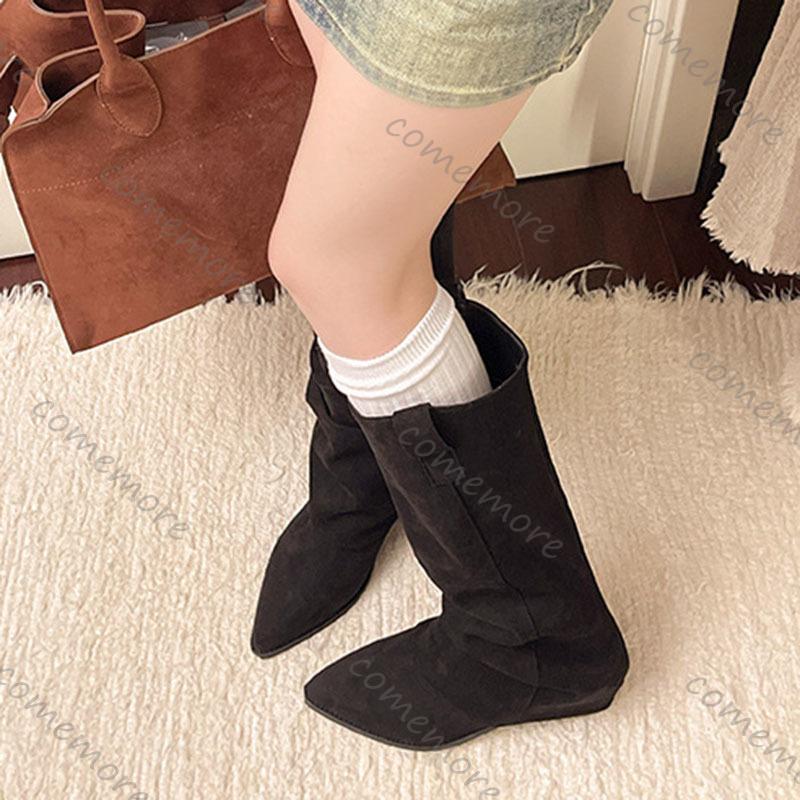 Fashion Comemore Autumn Winter Vintage Woman Knee High Boots Shoes Ladies Elegant Slip On Suede Solid Thick Heeled Long Bota Feminina