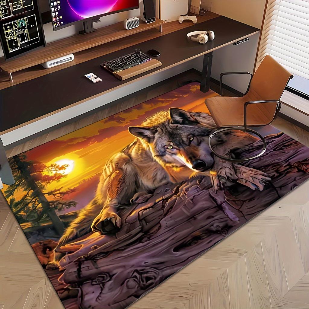 Gaming Wolf Print Floor Mat Rug for Gamer Setup PC Decor Wildlife Forest Rug Area Mat Man Cave Aesthetic Anti Slip Mat