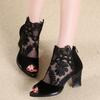 Women's Lace Summer Slipper Medium Heel Plus Size Sandals Breathable Mesh Fashion Comfortable High Heels