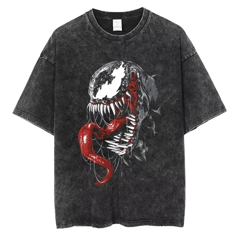 Marvel Character Retro Washed Round Neck T-shirt Street School Style Y2K Harajuku Hip-hop Style