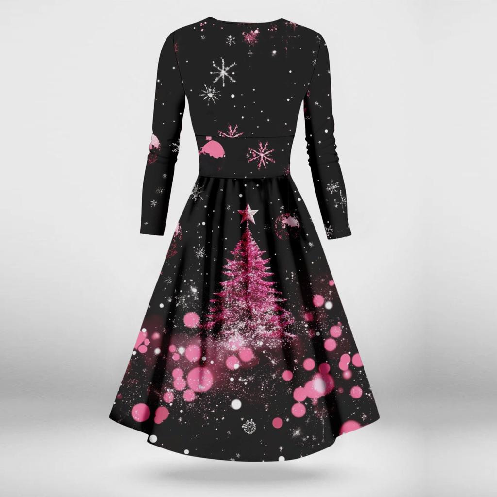 Женское облегающее платье свободного кроя с принтом рождественской елки и снежинок, V-образным вырезом и длинными рукавами