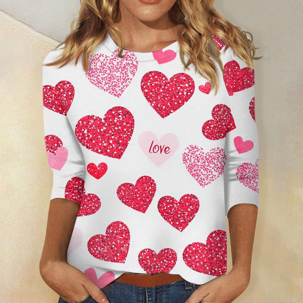 Женские топы с рукавом три четверти, рубашка на День святого Валентина, круглая горловина, свободная повседневная рубашка
