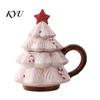 Microwave Safe Ceramic Mug Christmas Tree with Star Lid, 340ml Festive Holiday Coffee Cup for Hot Cocoa Lid And Milk, Retro Curved Handle Drinkware