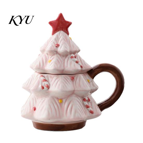 Microwave Safe Ceramic Mug Christmas Tree with Star Lid, 340ml Festive Holiday Coffee Cup for Hot Cocoa Lid And Milk, Retro Curved Handle Drinkware
