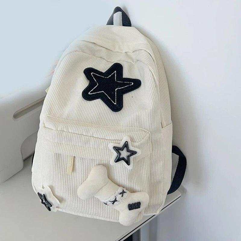 Aesthetic Backpack Stars Pattern Preppy Rucksack College Student Computer Backpack Corduroy Bookbag for Girl CLE