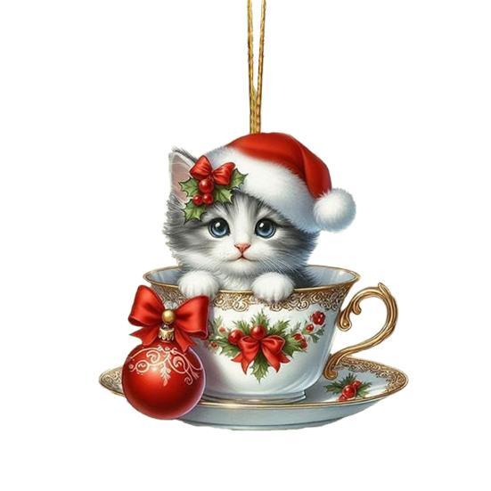 Acrylic Teacup Cat Hanging Ornaments Cute Cartoon Cat Christmas Ornament 2D Flat Car Mirror