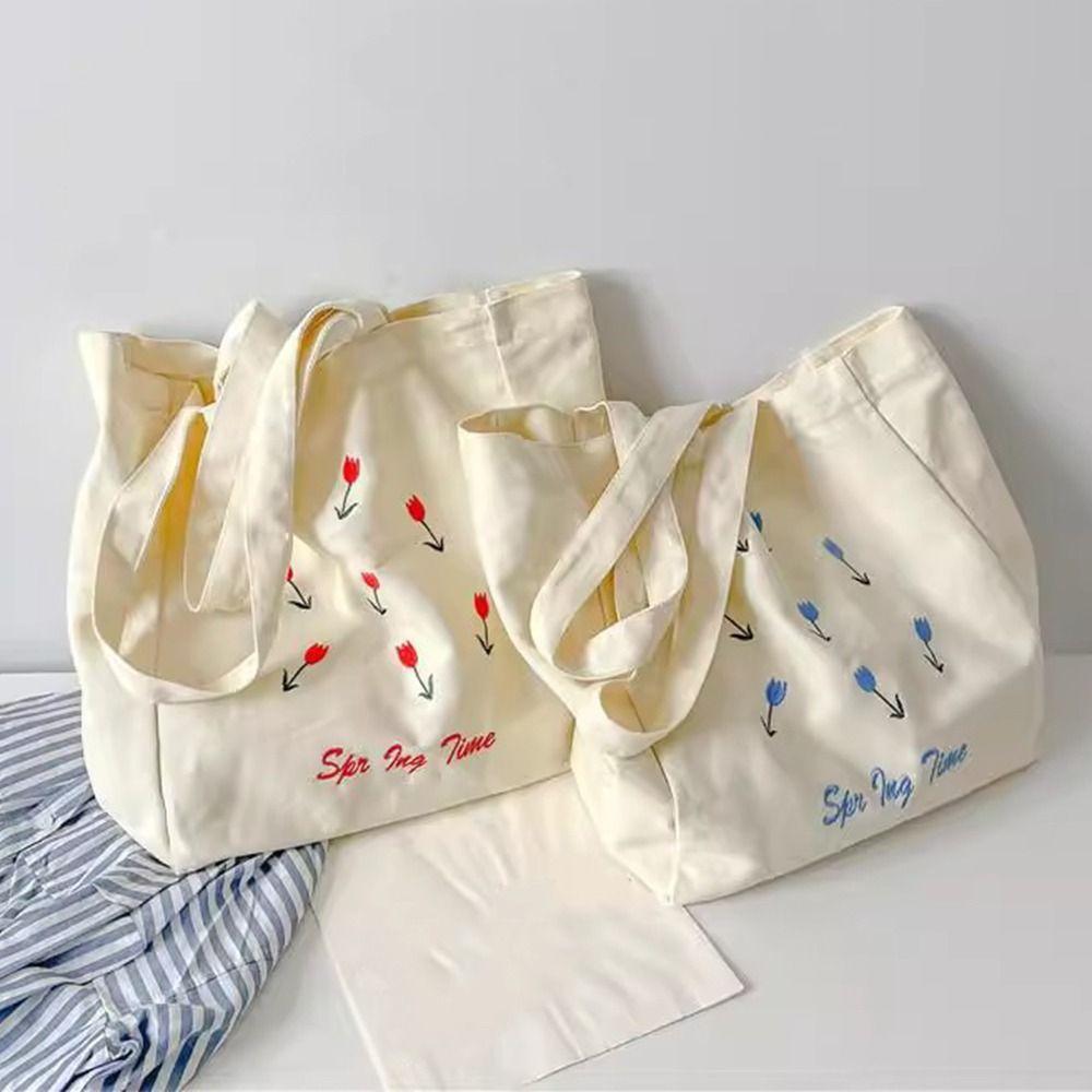 Canvas Cosmetic Storage Organizer Flower Printed Storage Pouch Casual Women's Shopping Bag Student