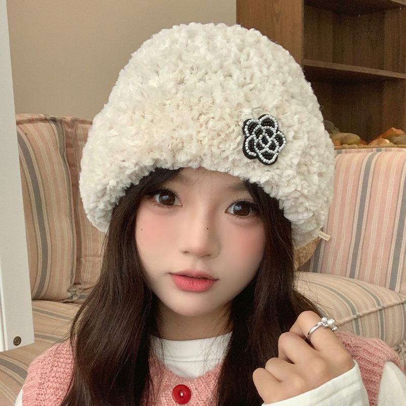 New autumn and winter snowflake fluff hat women's imitation mink pearl flower pullover hat thickened warm fashion knitted hat