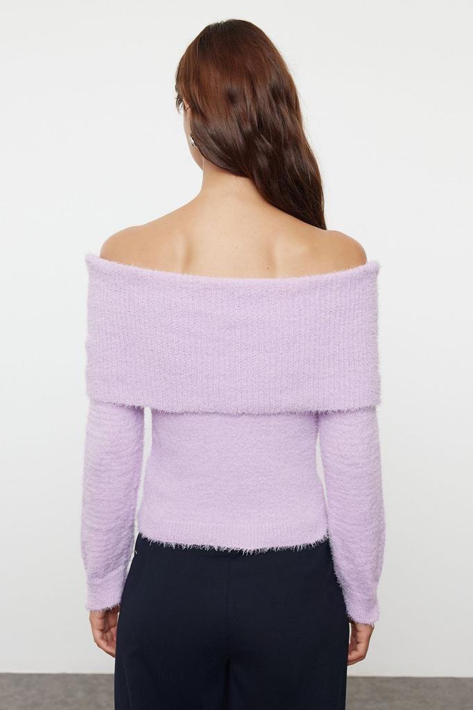 Women's Elegance Style Sweater Powder Carnen Collar Hairy Beard Yarn Knitwear Sweater