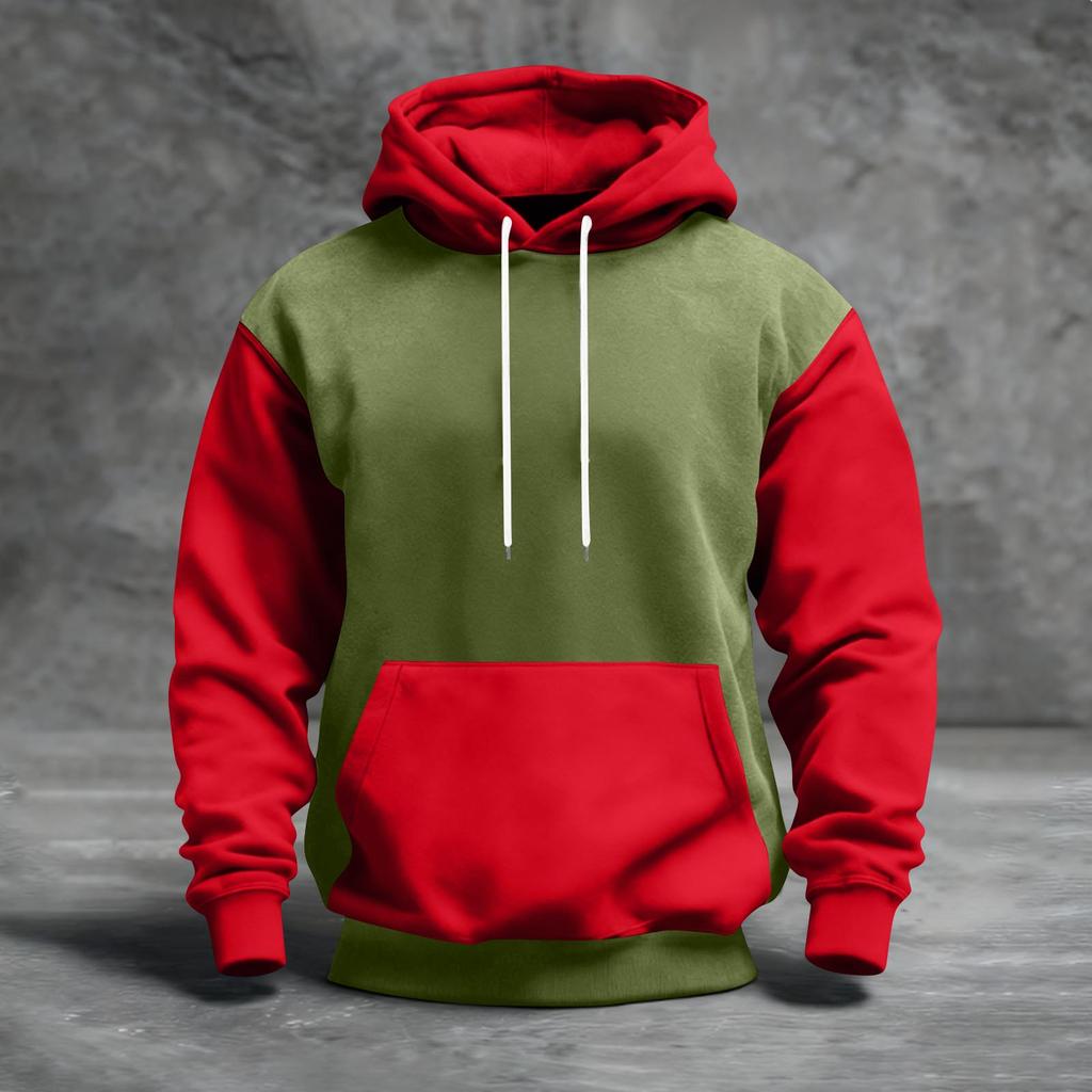 Мужская толстовка с капюшоном в стиле колор-блок с карманами, повседневная и удобная