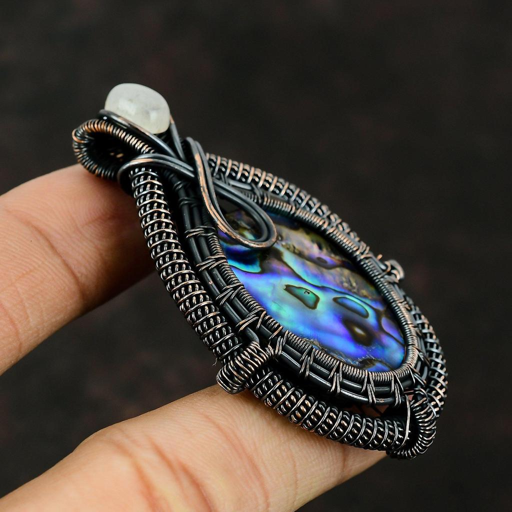 Кулон из раковины абалона, кулон, обмотанный медной проволокой, ювелирное изделие с драгоценным камнем, кулон ручной работы, подарки для нее, медное ювелирное изделие, кулон из радужного лунного камня