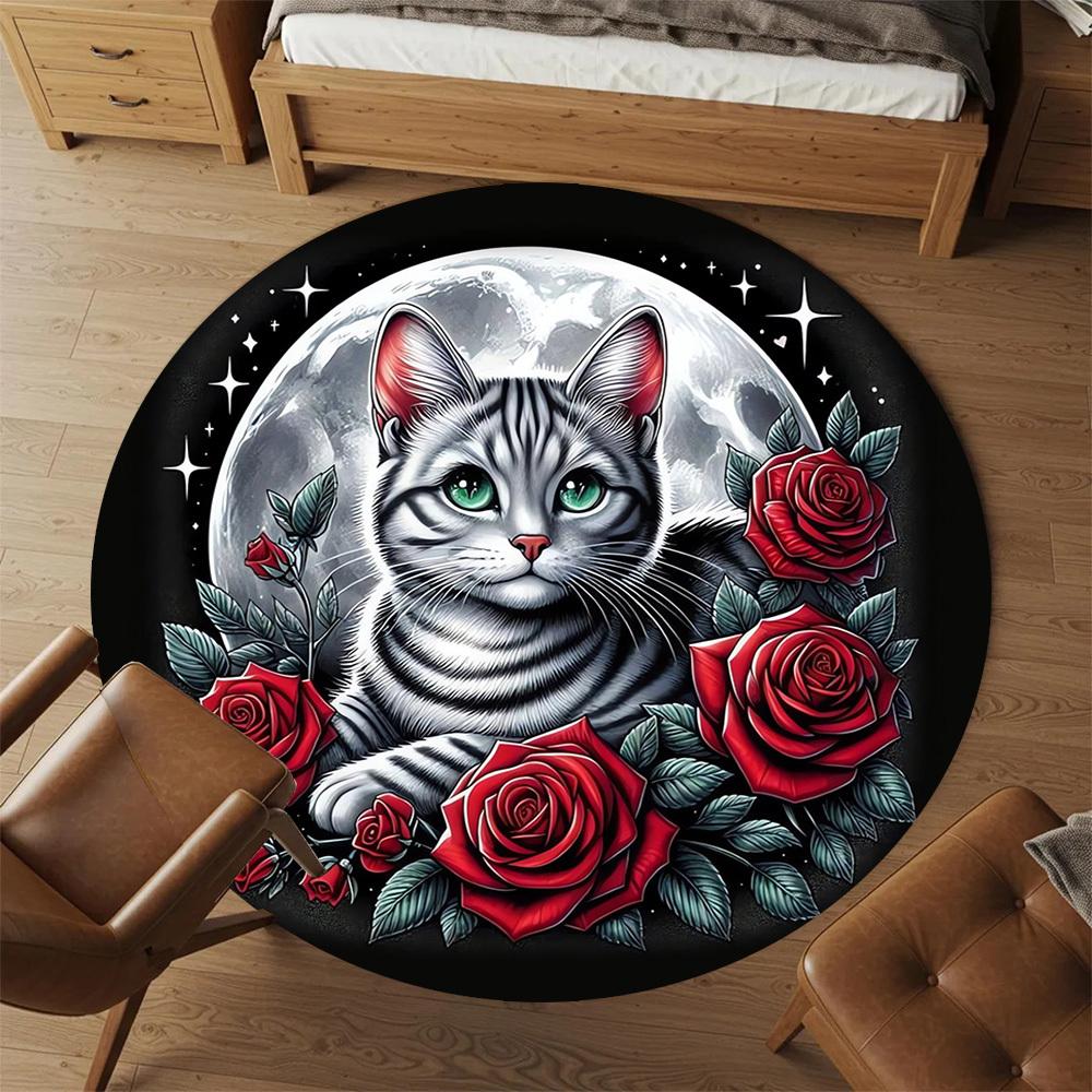1pc Moonlit Cat Roses Round Chair mat Area Rug - Non-Slip, Floor Mat for Office, Bedroom, Ideal home decor Christmas Gift p0811477