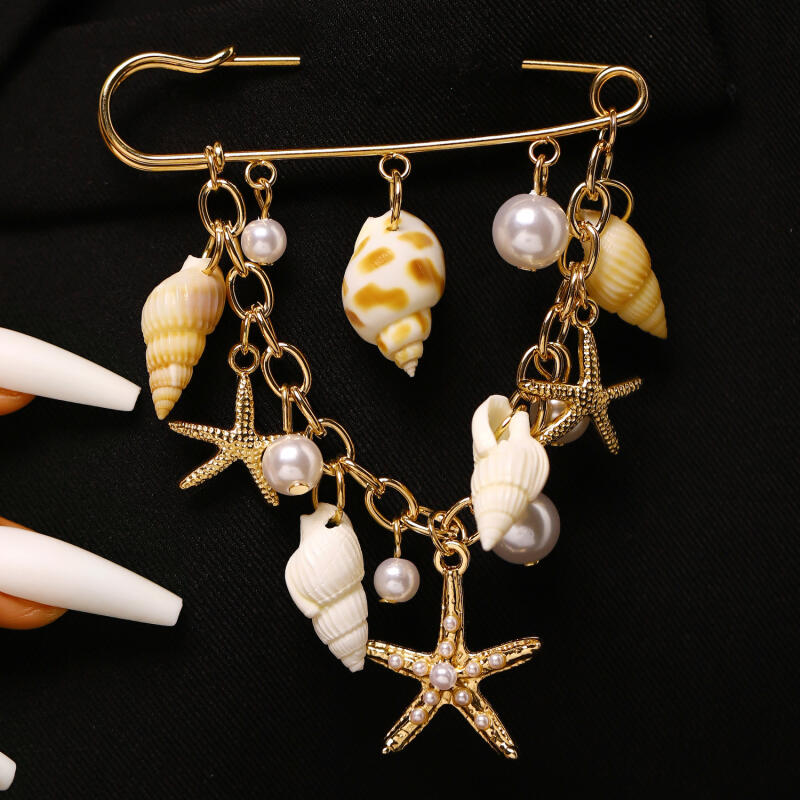 Bohemian Starfish Conch Shell Imitation Pearl Pendant Brooches for Women Men Beach Vacation Style Suits' Brooches Accessories