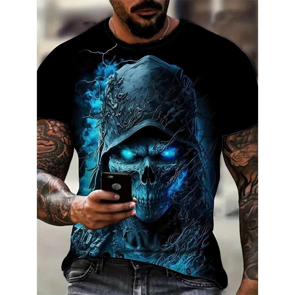 Футболка с персонализированным 3D-принтом Череп Смерти Летняя Новинка Мужская с круглым вырезом и коротким рукавом Европейская и американская трендовая большого размера