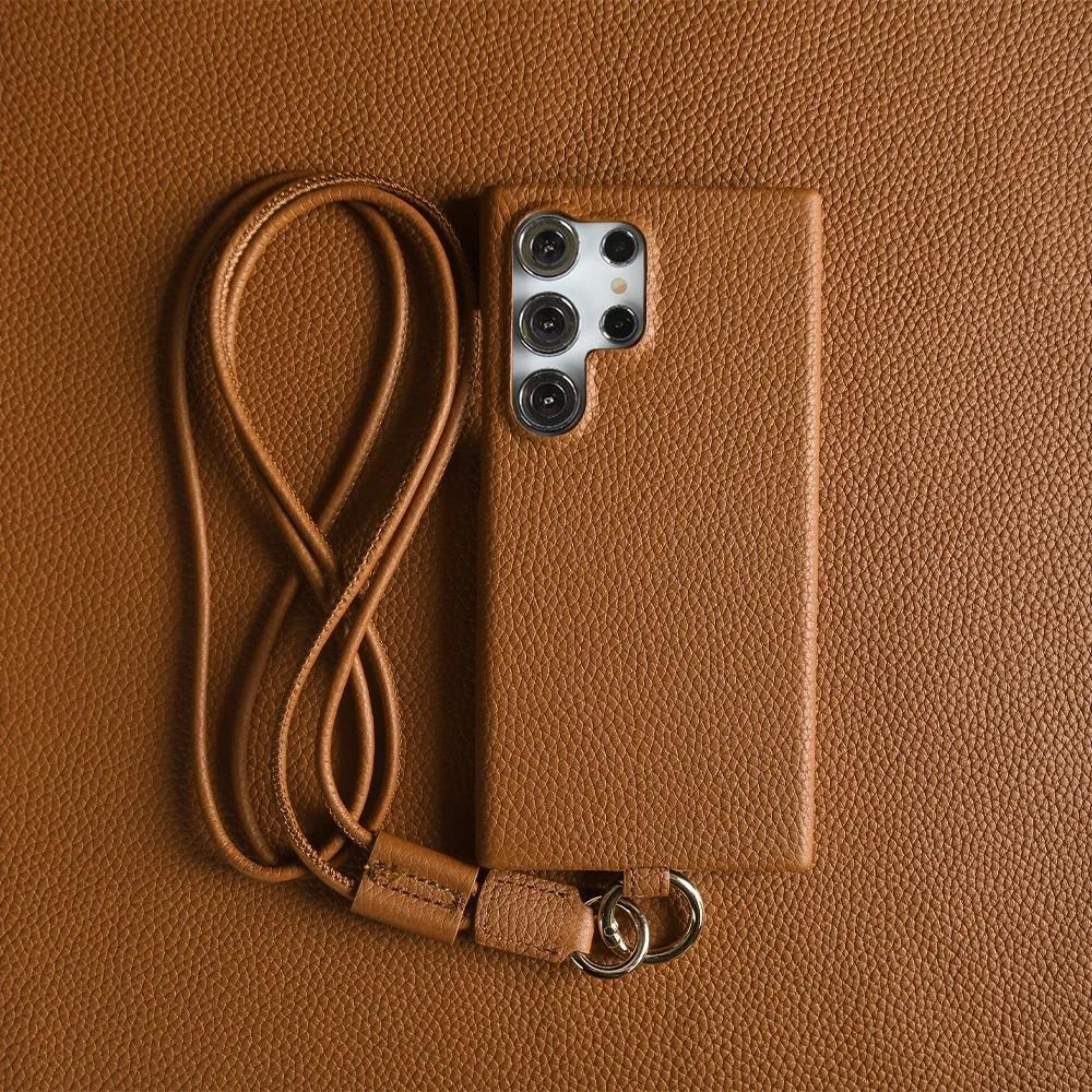 Lychee Grain Leather Case for Samsung Galaxy S26 Ultra S25 Edge S24 Plus S23 S22 S21 S20 FE Phone Cover with Crossbody Strap