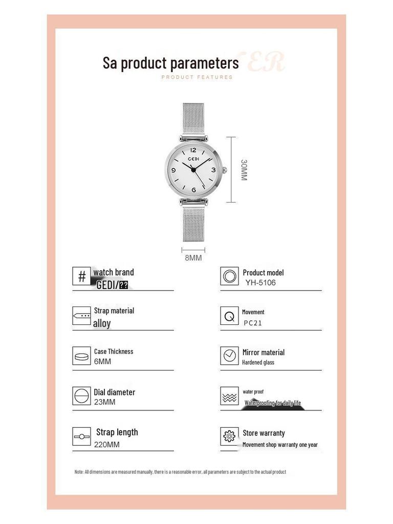 Gedi Women's Minimalist Stainless Steel Mesh Band Waterproof Quartz Watch