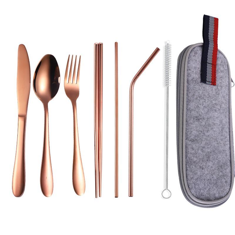 8Pcs Stainless Steel Straw Set Outdoor Western-style Knife, Fork, Spoon and Chopsticks Portable Cutlery Bag