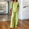Women's Two Piece Set V Neck Long Sleeve Top Wide Leg Pants Loose Casual Lounge Outfit
