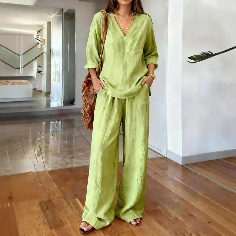 Women's Two Piece Set V Neck Long Sleeve Top Wide Leg Pants Loose Casual Lounge Outfit