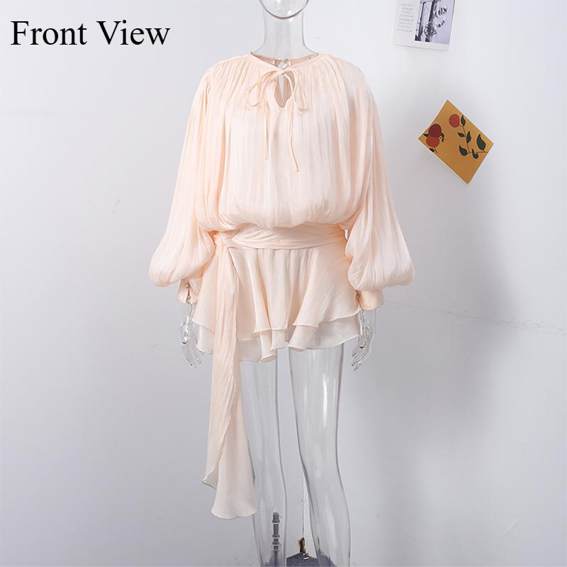 Элегантное женское платье на шнуровке, рукав-фонарик, V-образный вырез, свободное, мини, женские платья, однотонное, блестящее платье для леди