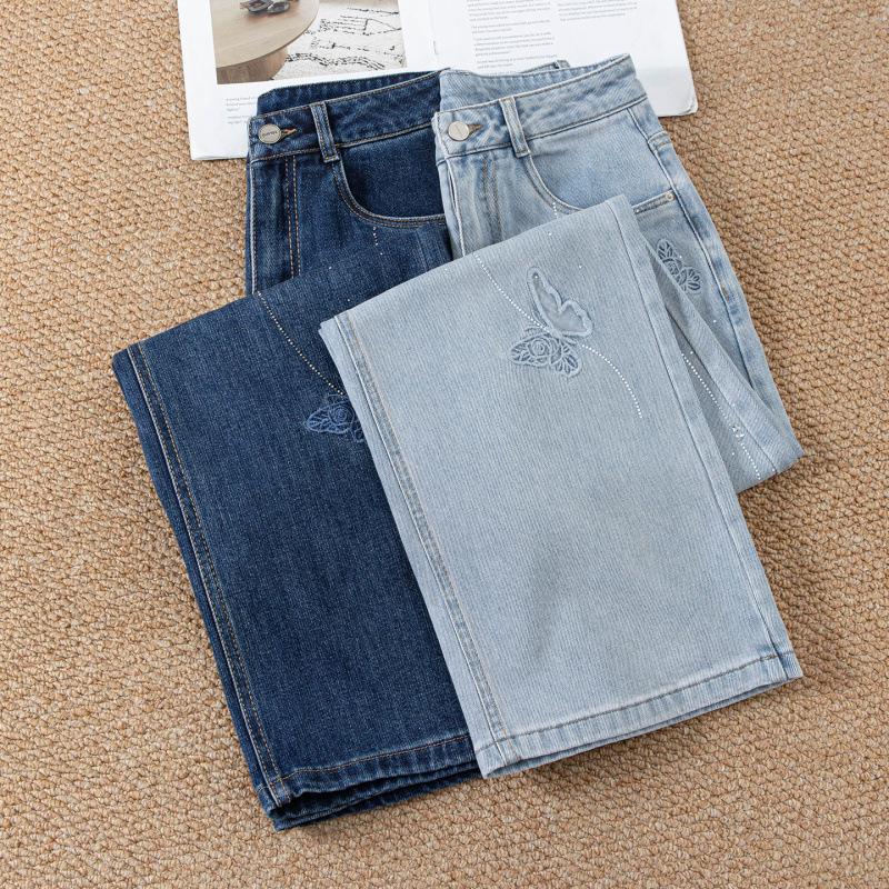 Light blue butterfly exquisite embroidered jeans women's autumn new design hollow hot diamond wide-leg pants