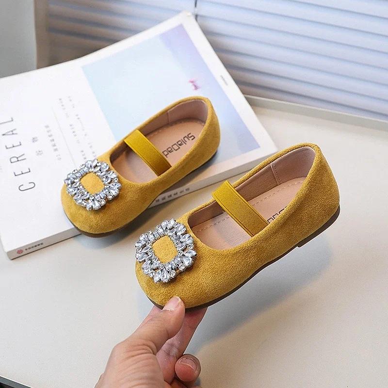 Children Girls Leather Shoes Luxury Rhinestone Kids Fashion Ballet Flat Shoes Elegant Versatile Princess Causal Shoes Slip-on