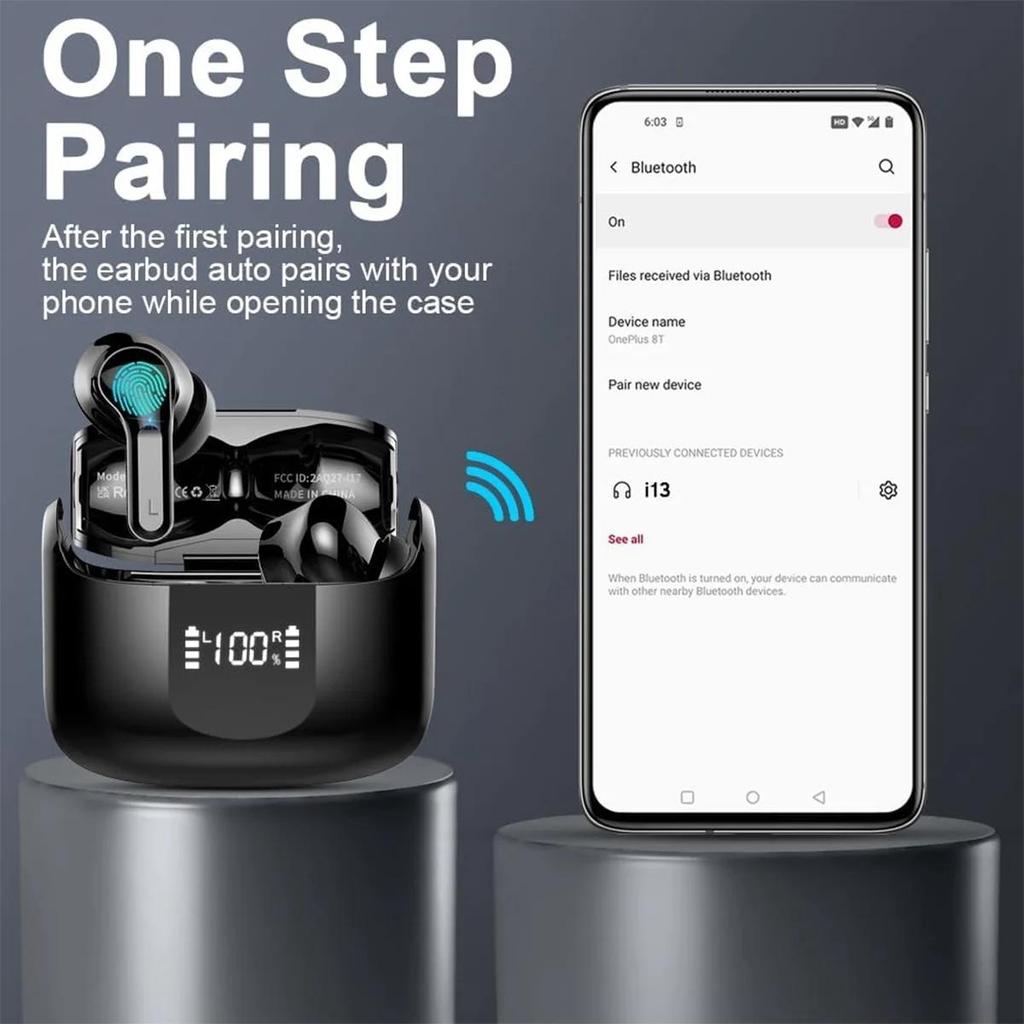 Беспроводные наушники-вкладыши Bluetooth-наушники 5.3 40H Наушники Басовые стереонаушники с микрофоном и шумоподавлением Наушники-вкладыши USB-C со светодиодным дисплеем IP7 Водонепроницаемый спорт