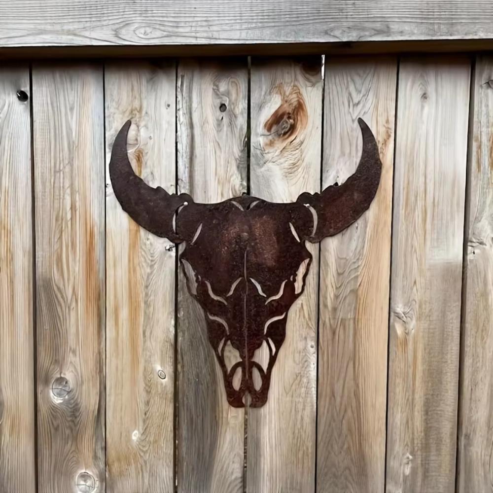 Rustic Bull Skull Metal Wall Decor - Western Cow Skull Sign for Home, Outdoor, Halloween/Christmas/Easter/Thanksgiving