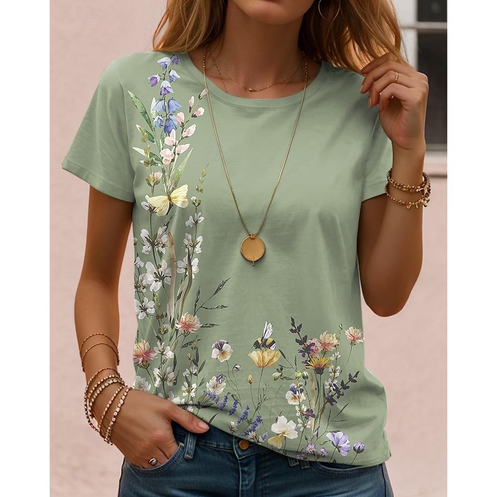 2025 Women's T Shirt Floral Graphic Fashion Stylish Classic Short Sleeved Crew Neck