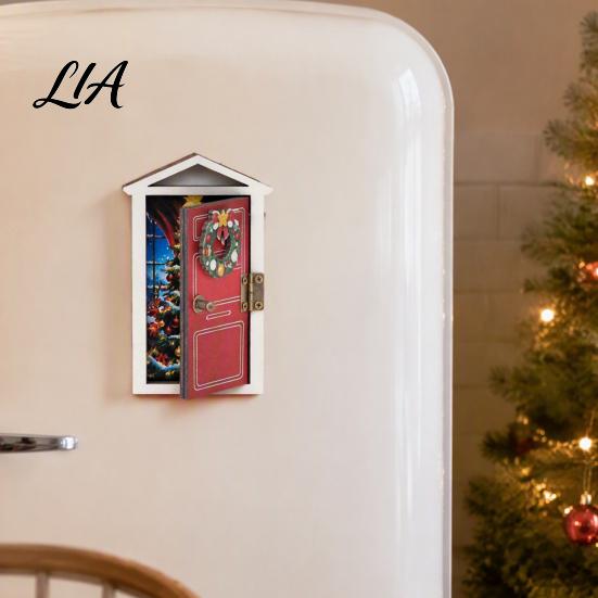 Christmas Party Supplies Elf Door Fridge Magnet with LED Light, Wooden Magnetic Decorations Refrigerator Magnet, Openable Mini Decoration for Holiday